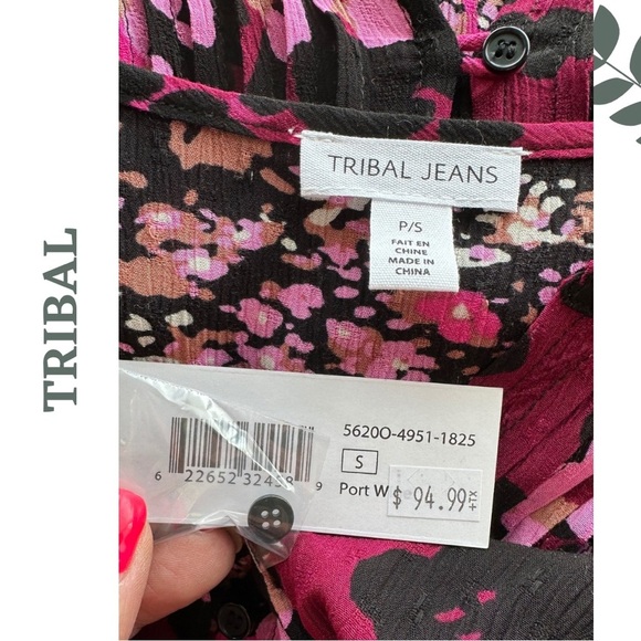 Tribal Flowy Blouse Floral Mixed Print Bob Pintuck Detail Purple Pink Size Small - Picture 11 of 11
